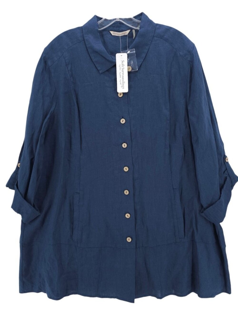 NWT SOFT SURROUNDINGS Deep Sea Blue Island Breeze Linen Shirt Roll Tab Size 2X